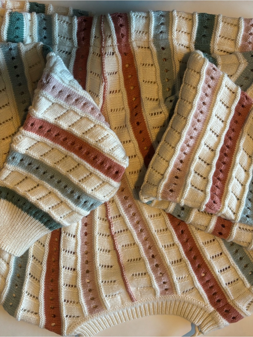 Cream Striped Eyelet Knit Sweater with Pastel Accents - Women's